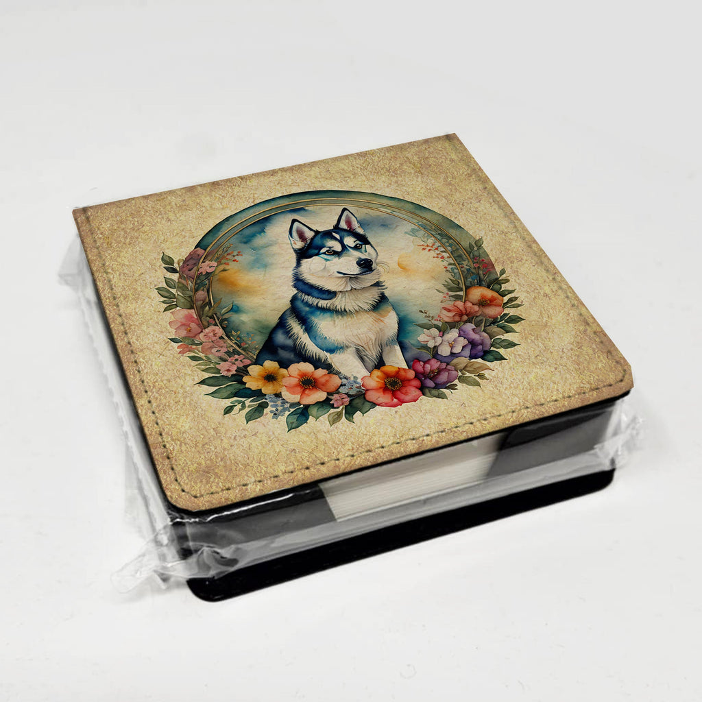 Siberian Husky and Flowers PU Leather Note Paper Holder-3