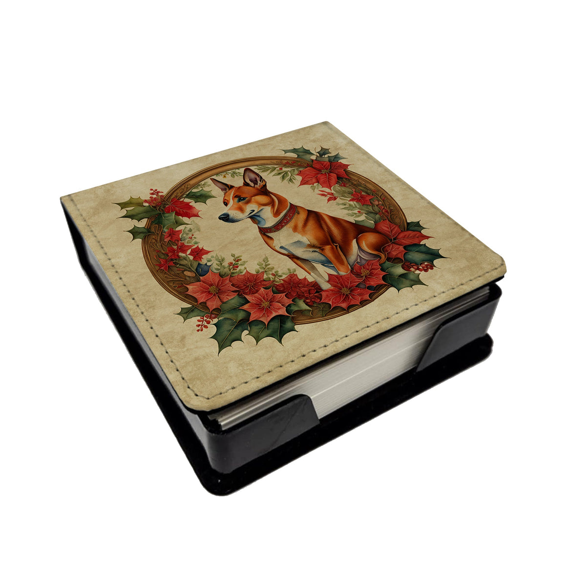 Basenji Christmas Flowers PU Leather Note Paper Holder-0