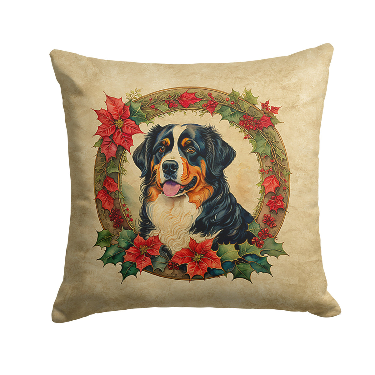 Bernese Mountain Dog Christmas Flowers Throw Pillow-0