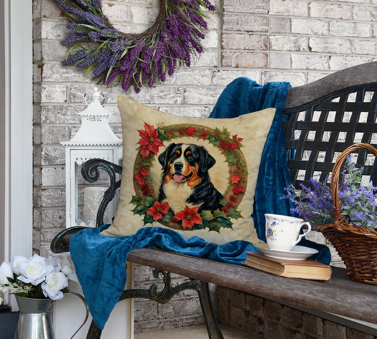 Bernese Mountain Dog Christmas Flowers Throw Pillow-3