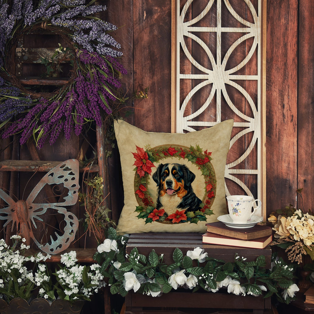 Bernese Mountain Dog Christmas Flowers Throw Pillow-4