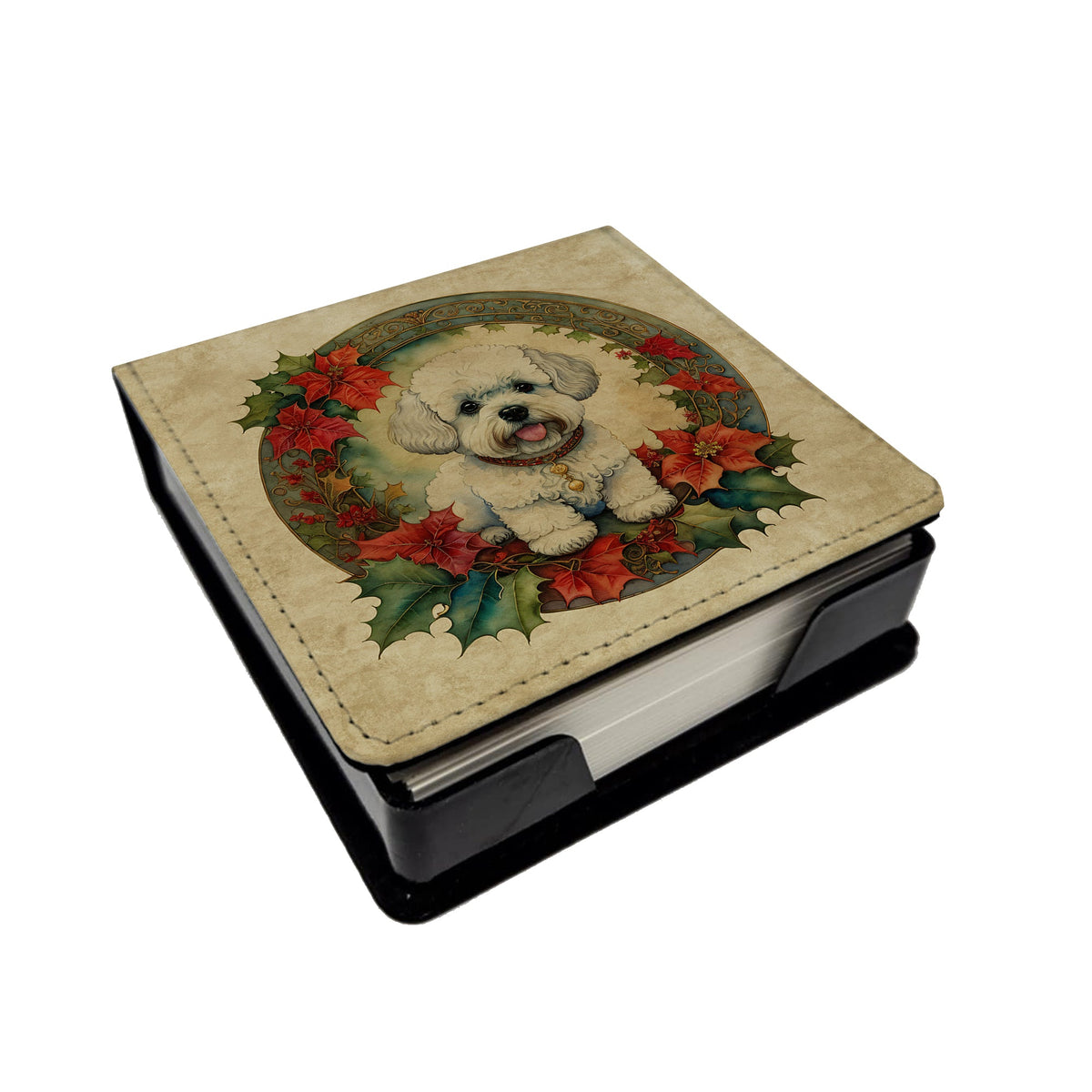 Bichon Frise Christmas Flowers PU Leather Note Paper Holder-0
