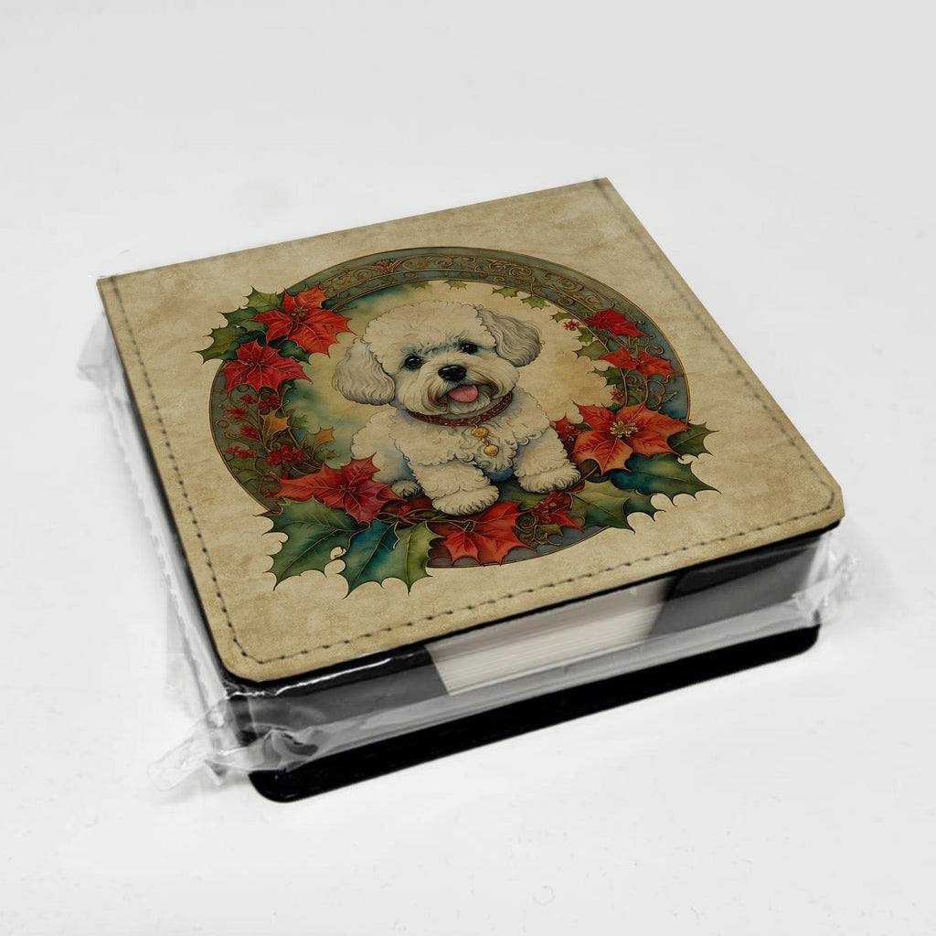 Bichon Frise Christmas Flowers PU Leather Note Paper Holder-3