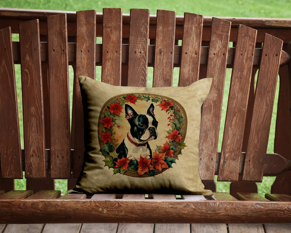 Boston Terrier Christmas Flowers Throw Pillow-1