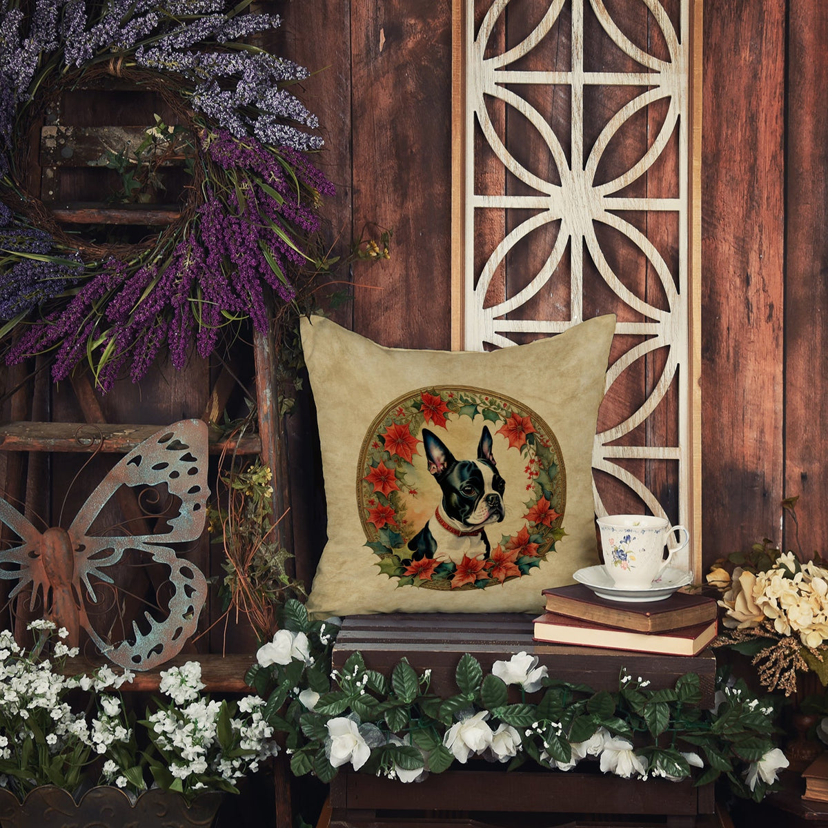Boston Terrier Christmas Flowers Throw Pillow-3