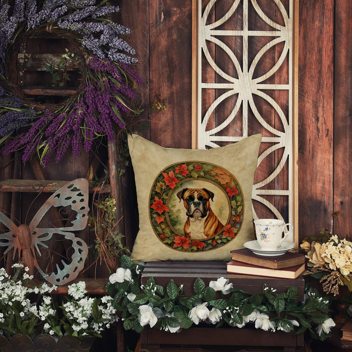 Boxer Christmas Flowers Throw Pillow-4
