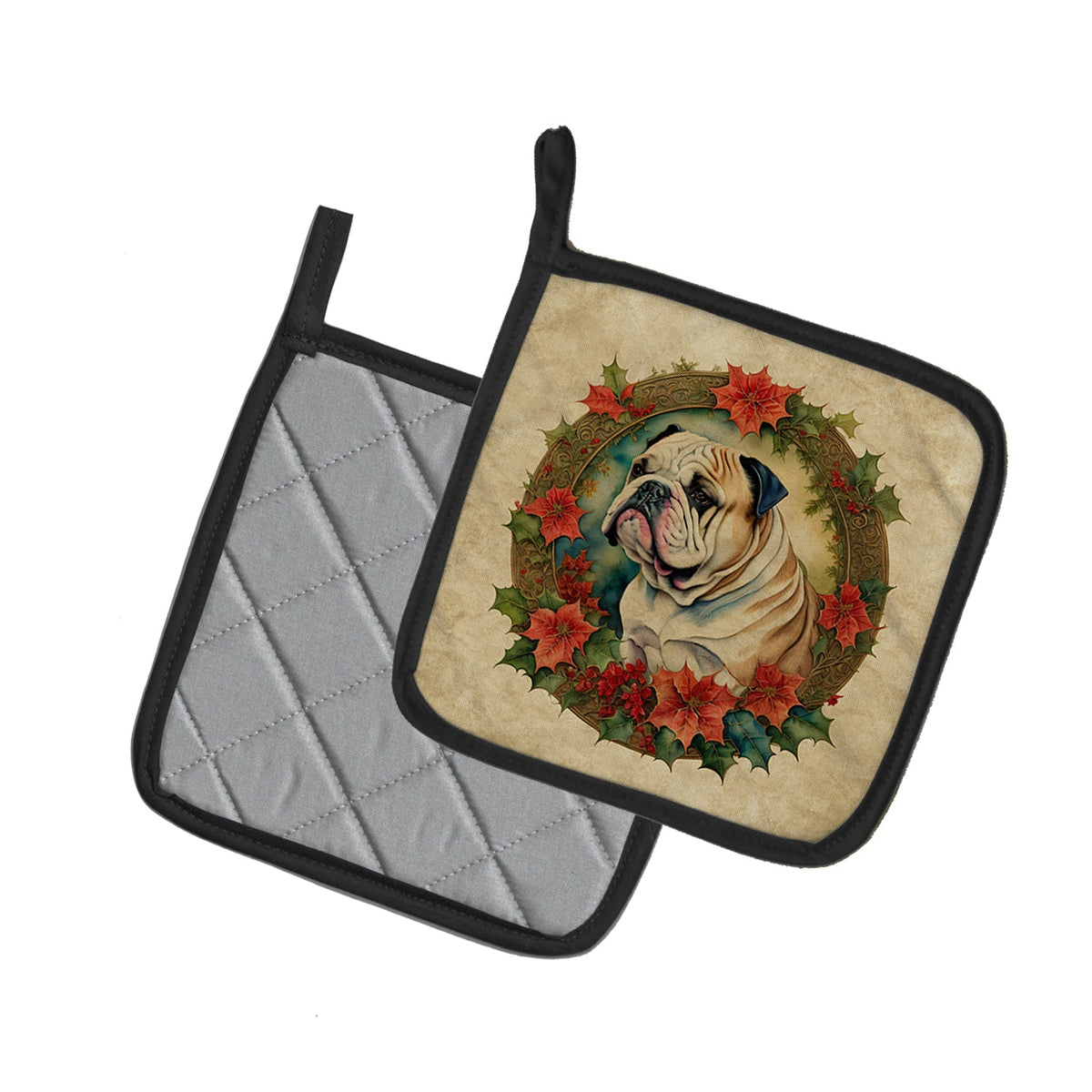 English Bulldog Christmas Flowers Pair of Pot Holders-1