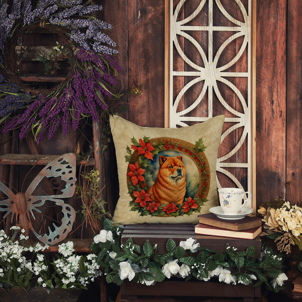 Chow Chow Christmas Flowers Throw Pillow-4