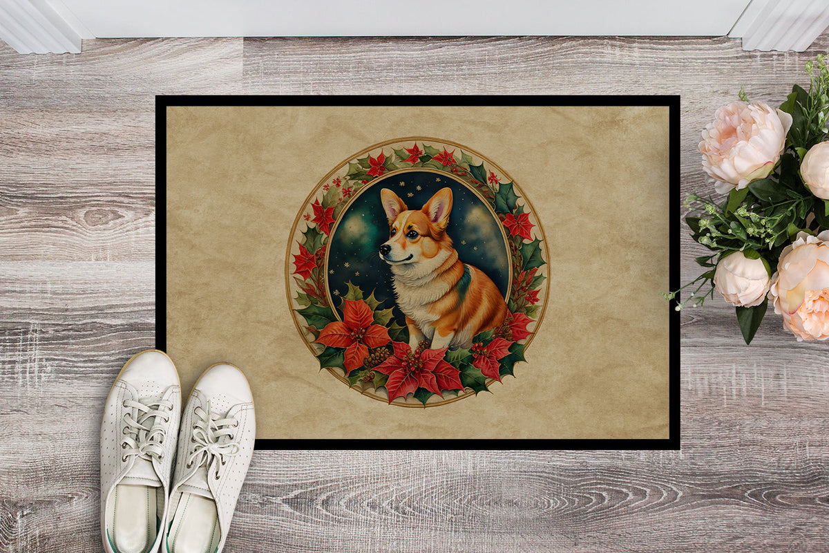 Corgi Christmas Flowers Doormat-1