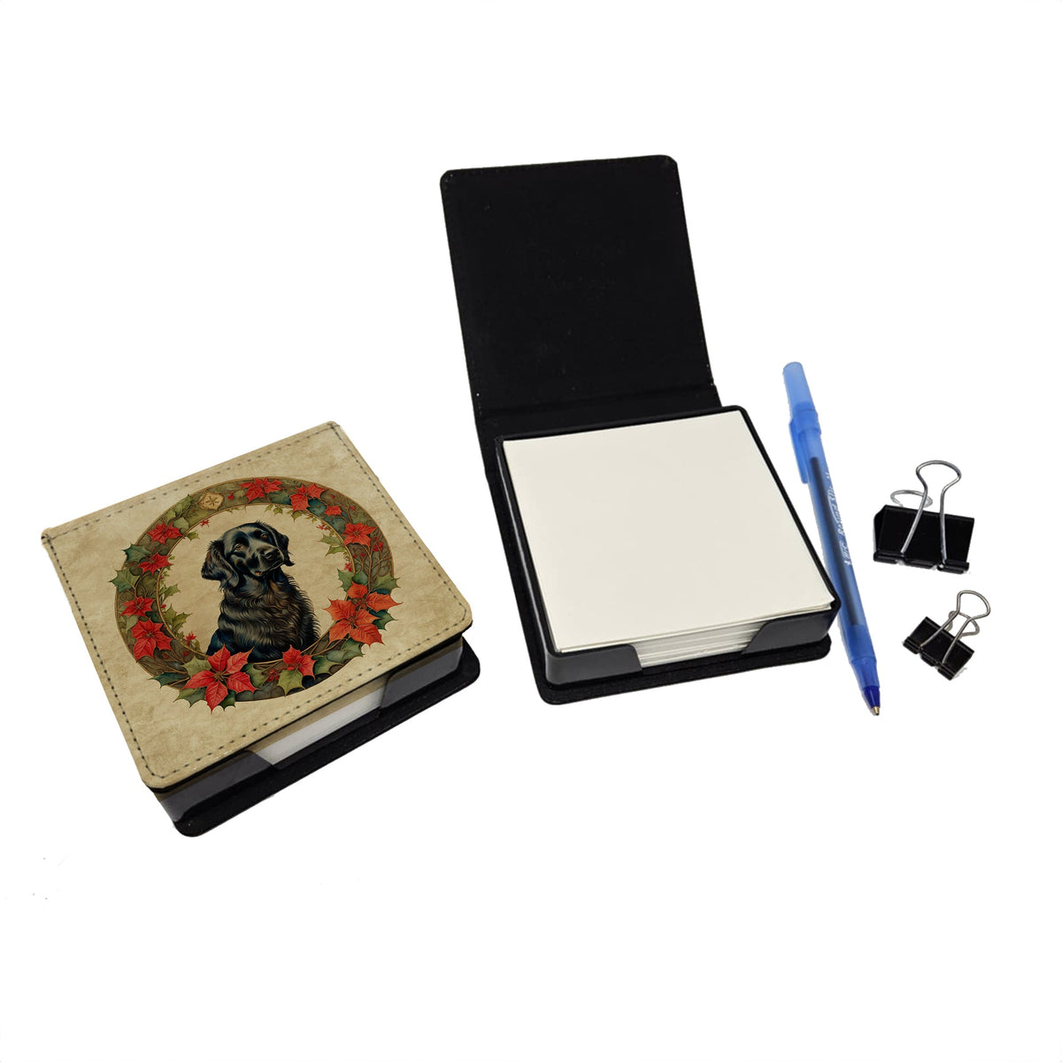 Flat-Coated Retriever Christmas Flowers PU Leather Note Paper Holder-1