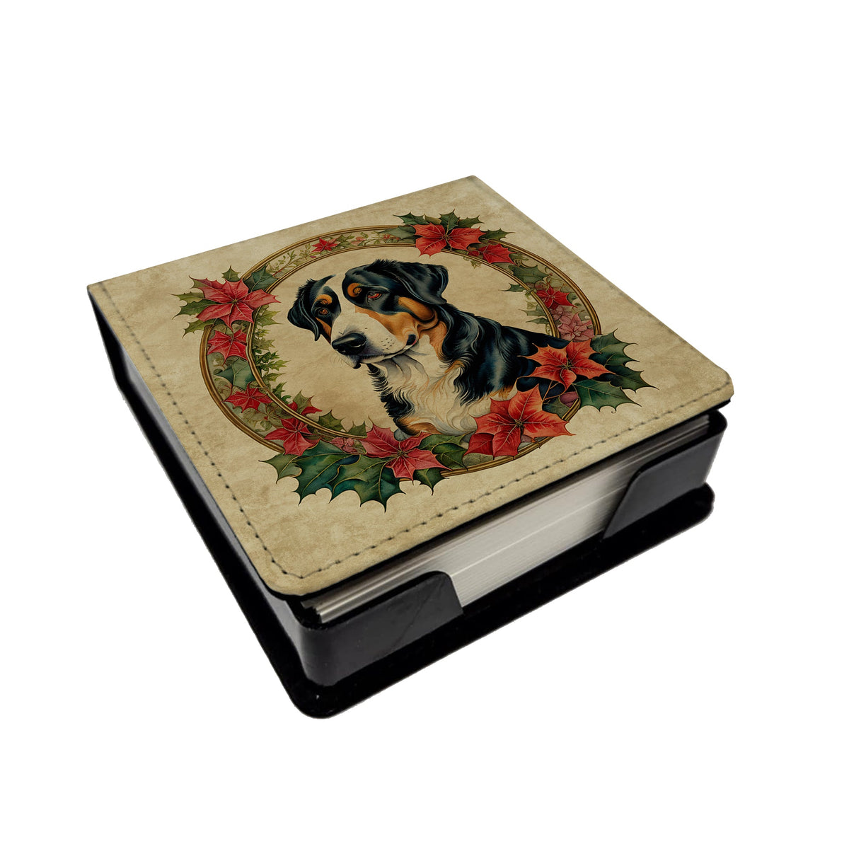 Greater Swiss Mountain Dog Christmas Flowers PU Leather Note Paper Holder-0