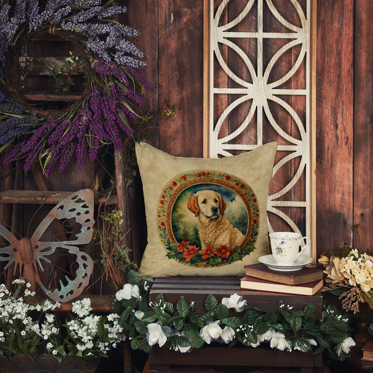 Kuvasz Christmas Flowers Throw Pillow-3