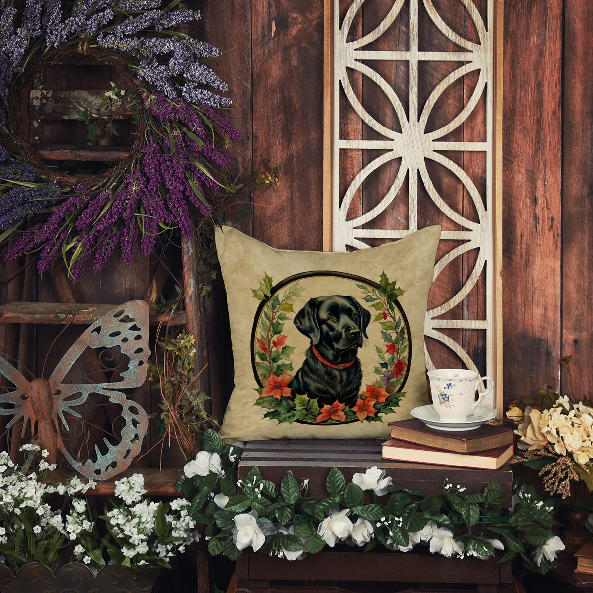 Labrador Retriever Christmas Flowers Throw Pillow-3