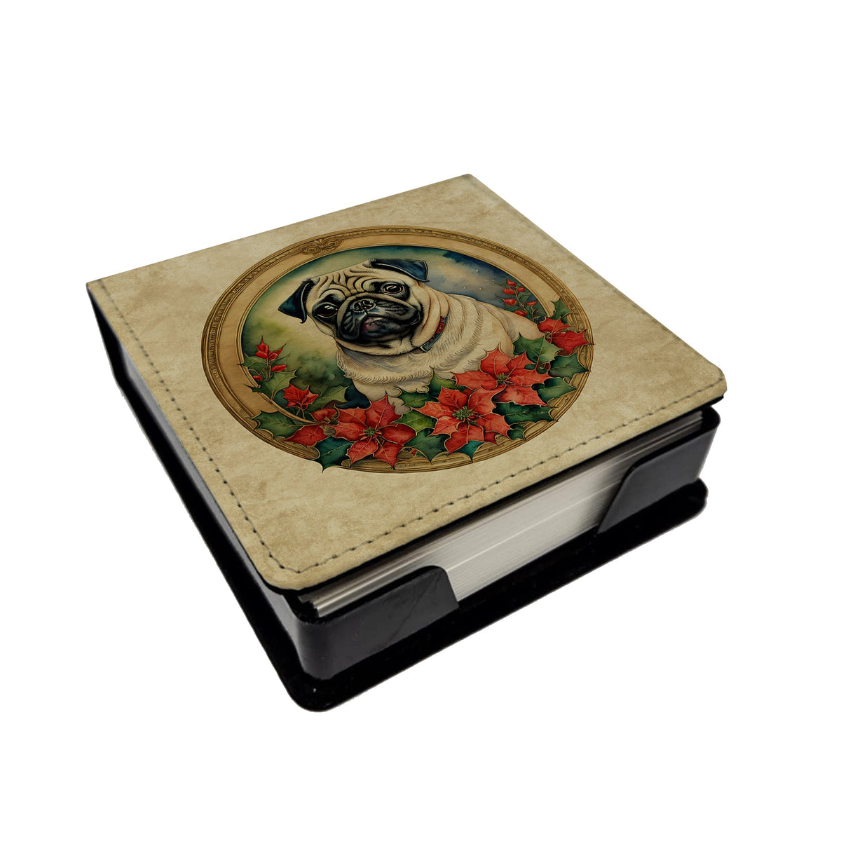 Pug Christmas Flowers PU Leather Note Paper Holder-0