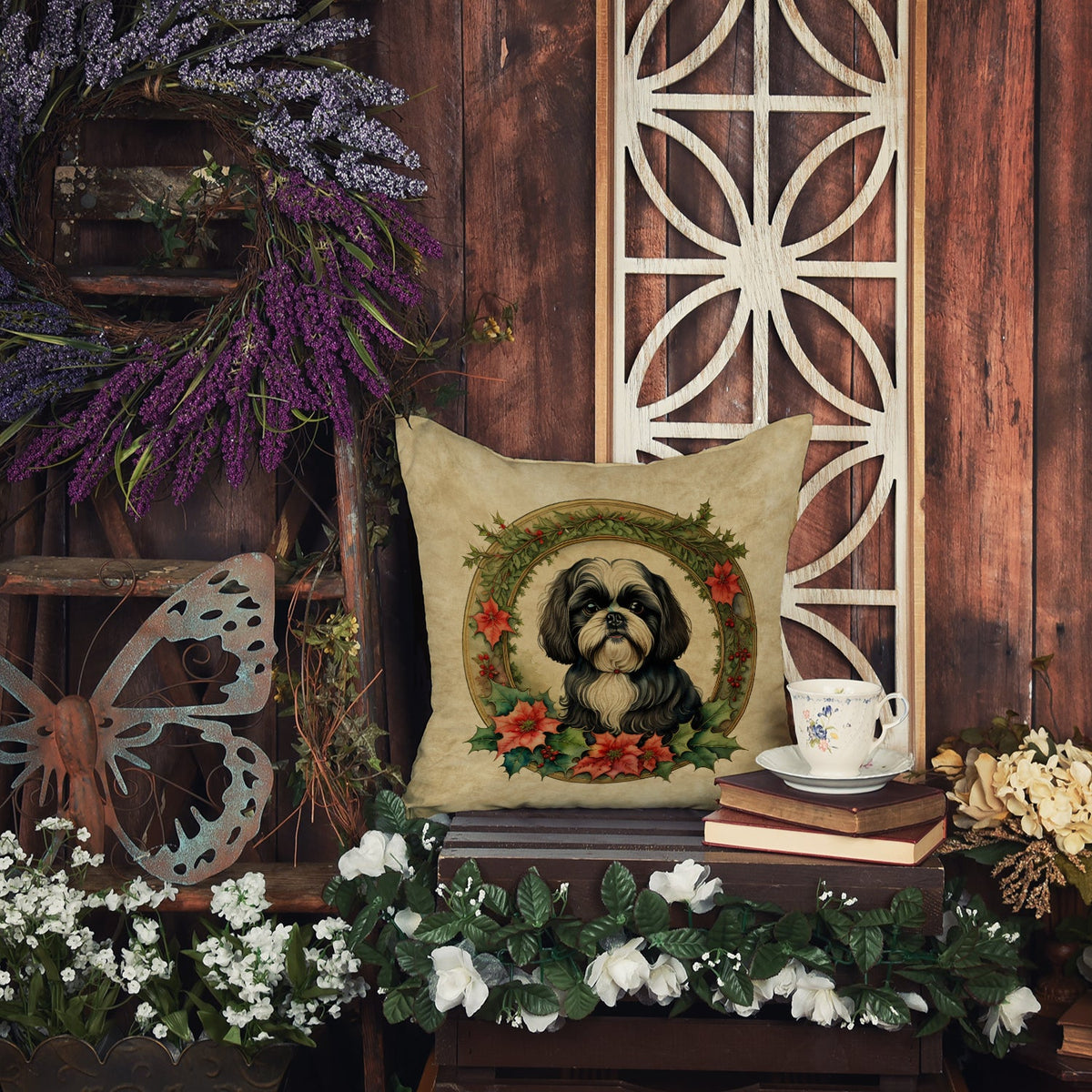Shih Tzu Christmas Flowers Throw Pillow-3