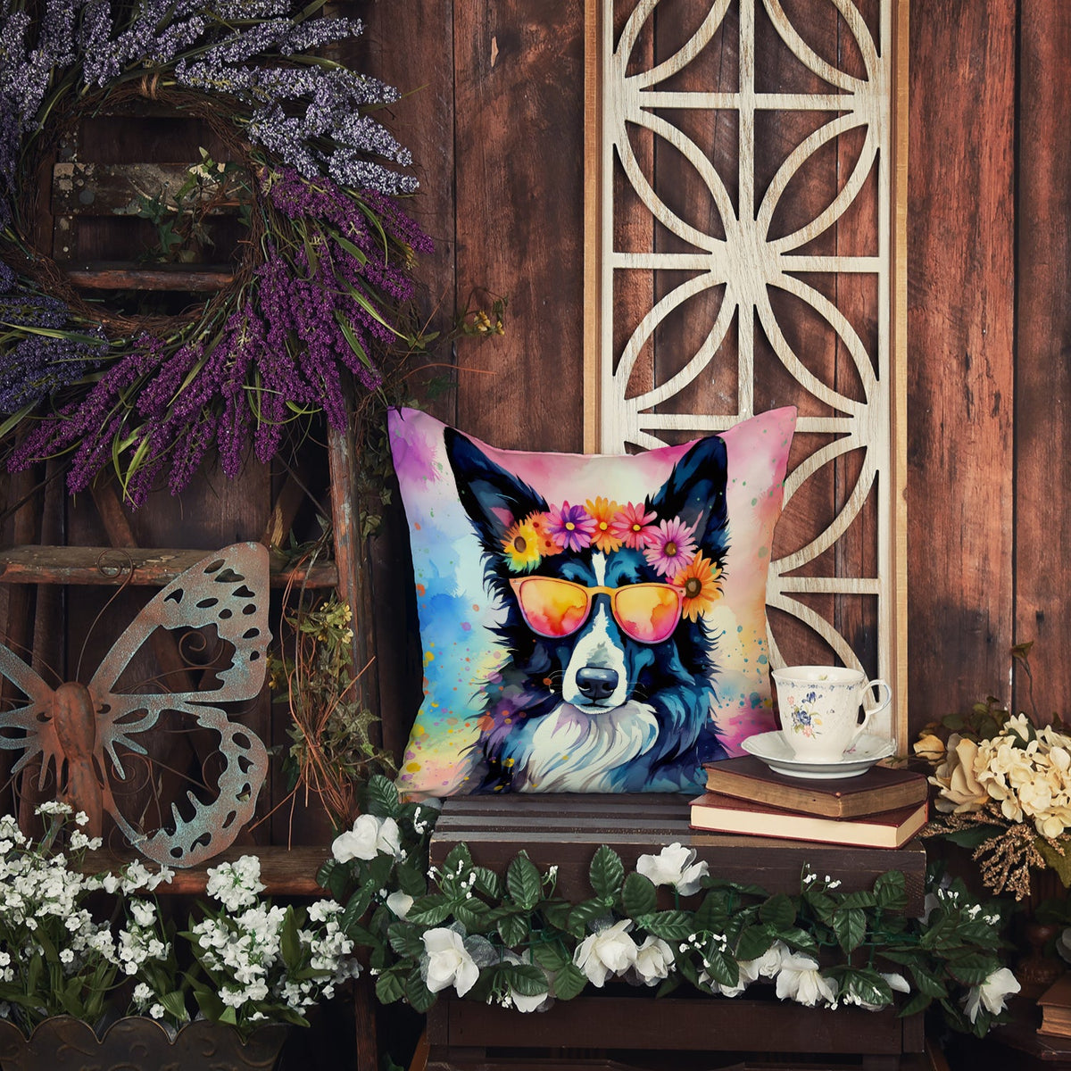 Border Collie Hippie Dawg Throw Pillow-2