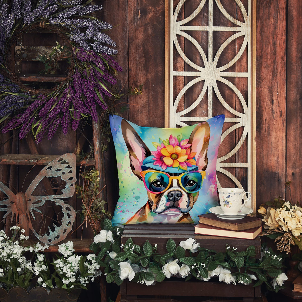 Boston Terrier Hippie Dawg Throw Pillow-2