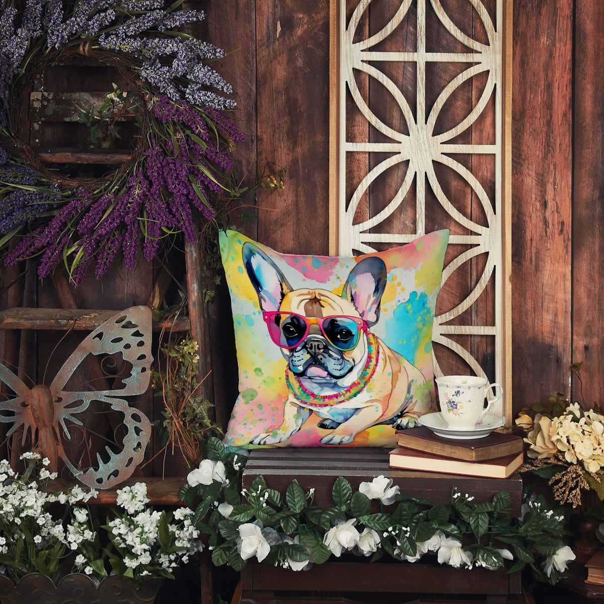 French Bulldog Hippie Dawg Throw Pillow-2