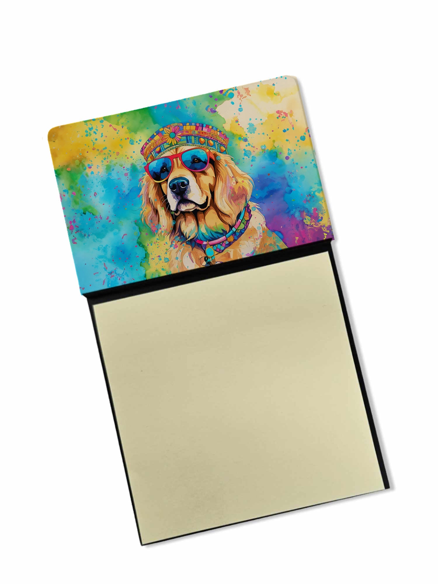 Golden Retriever sticky note holder with colorful dog artwork and a yellow paper pad