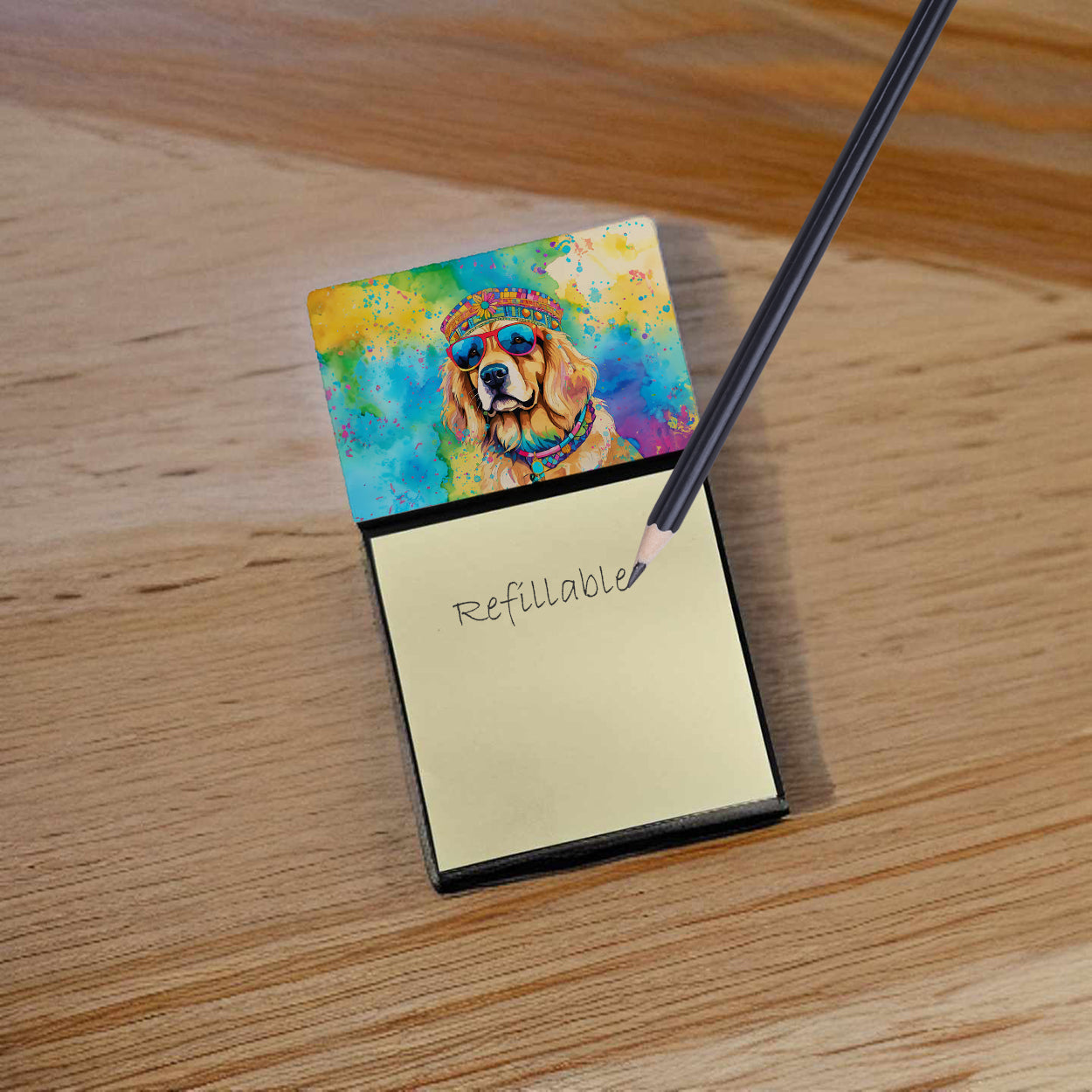 Golden Retriever sticky note holder with colorful dog artwork and a yellow paper pad — view 2