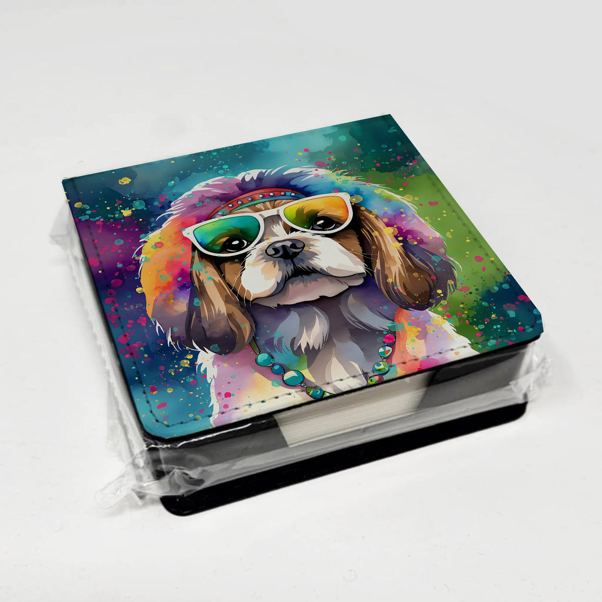 Shih Tzu Hippie Dawg PU Leather Note Paper Holder-3