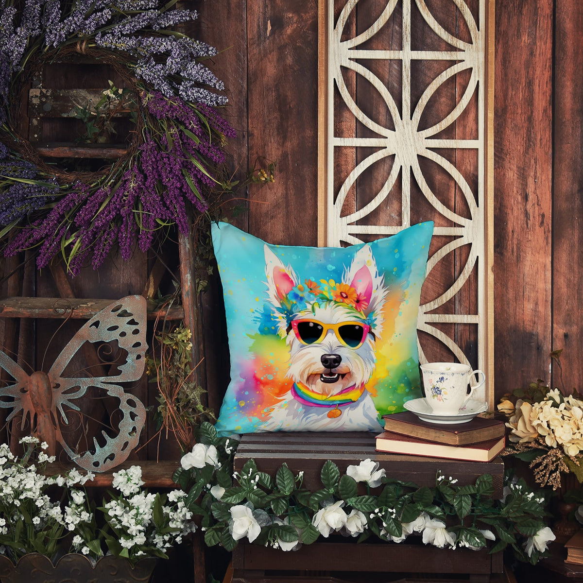 Westie Hippie Dawg Throw Pillow-2
