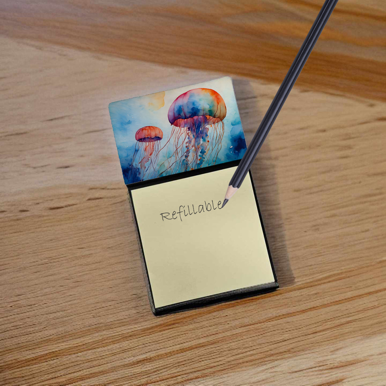 Jellyfish sticky note holder desk accessory featuring vibrant marine artwork and a memo pad — view 2