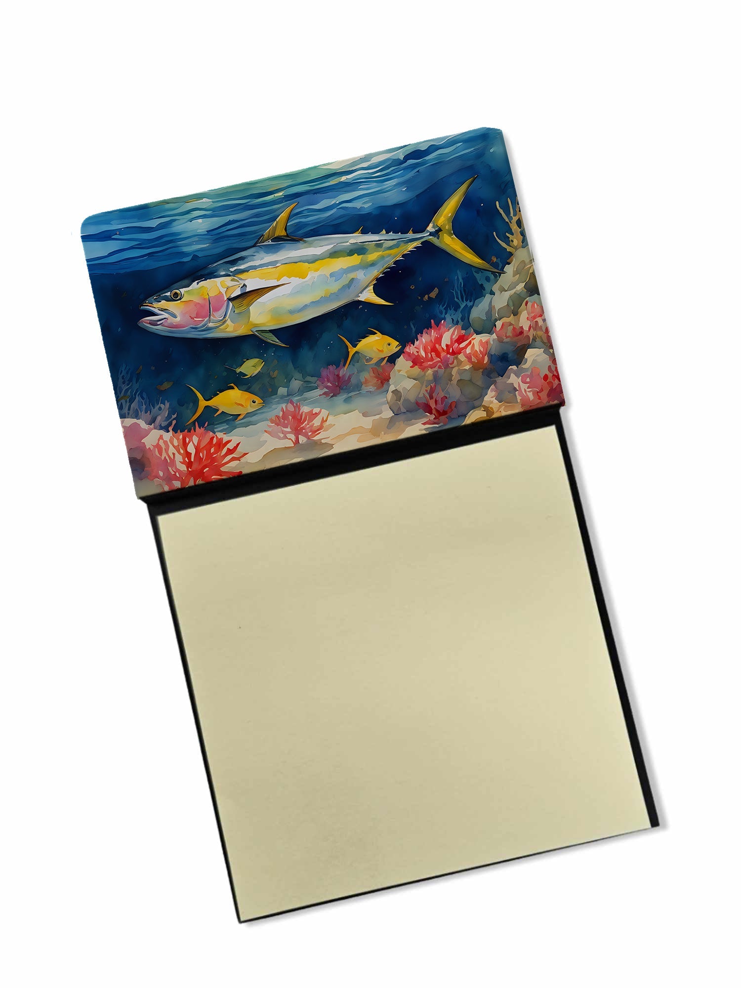 Yellowfin Tuna sticky note holder with coastal artwork and a blank notepad on a rigid board