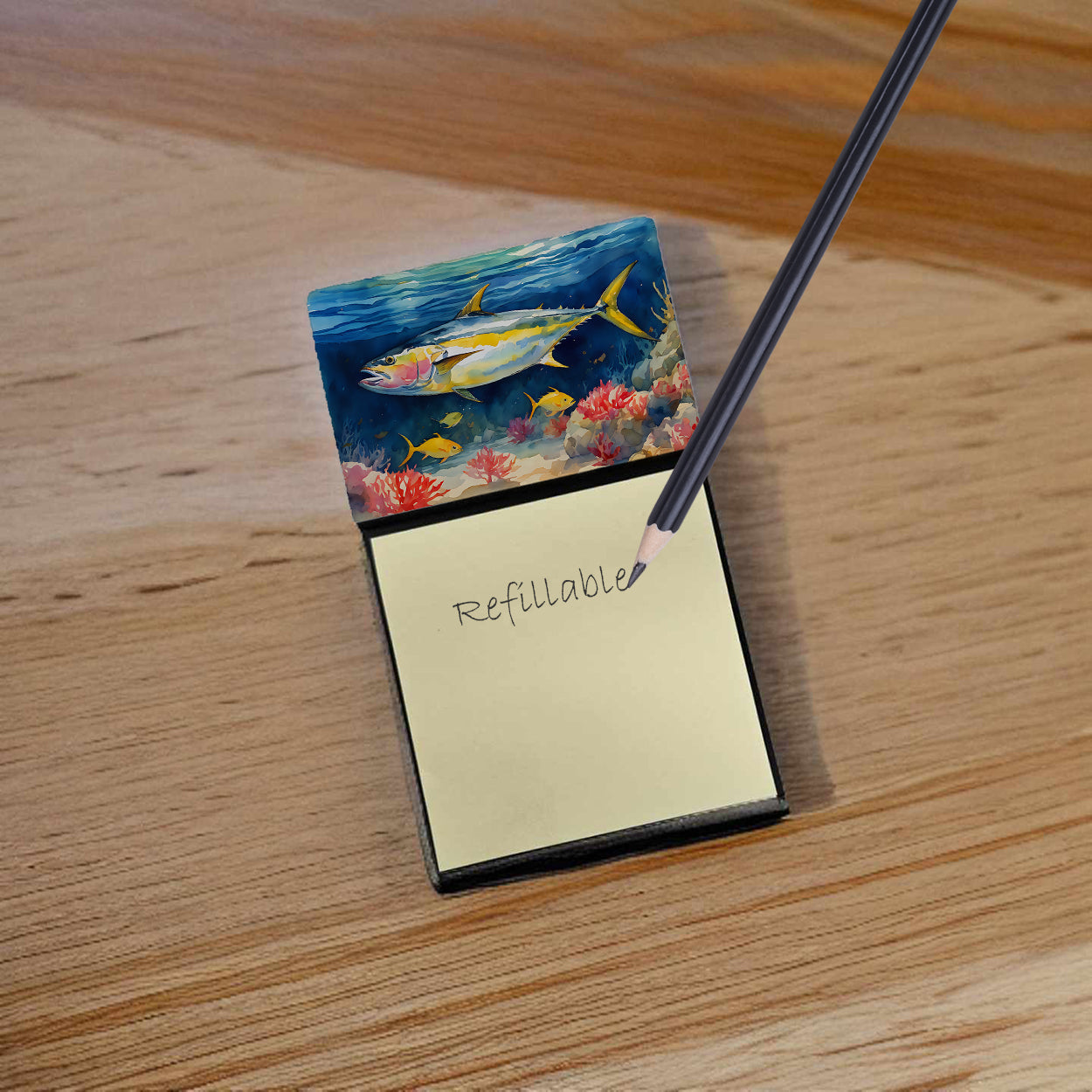 Yellowfin Tuna sticky note holder with coastal artwork and a blank notepad on a rigid board — view 2