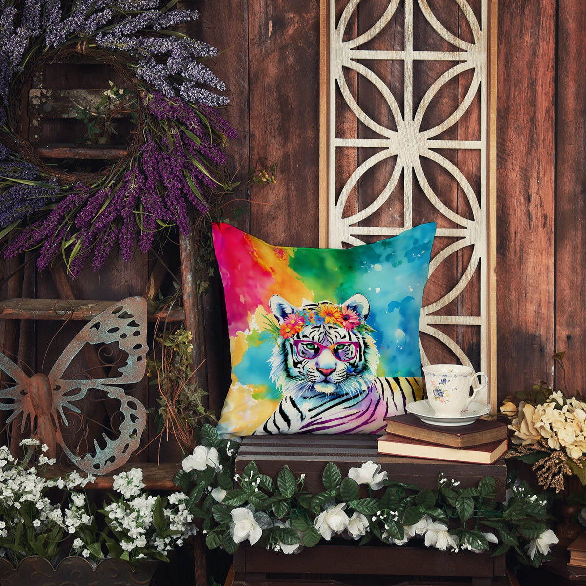 Hippie Animal White Tiger Throw Pillow-3