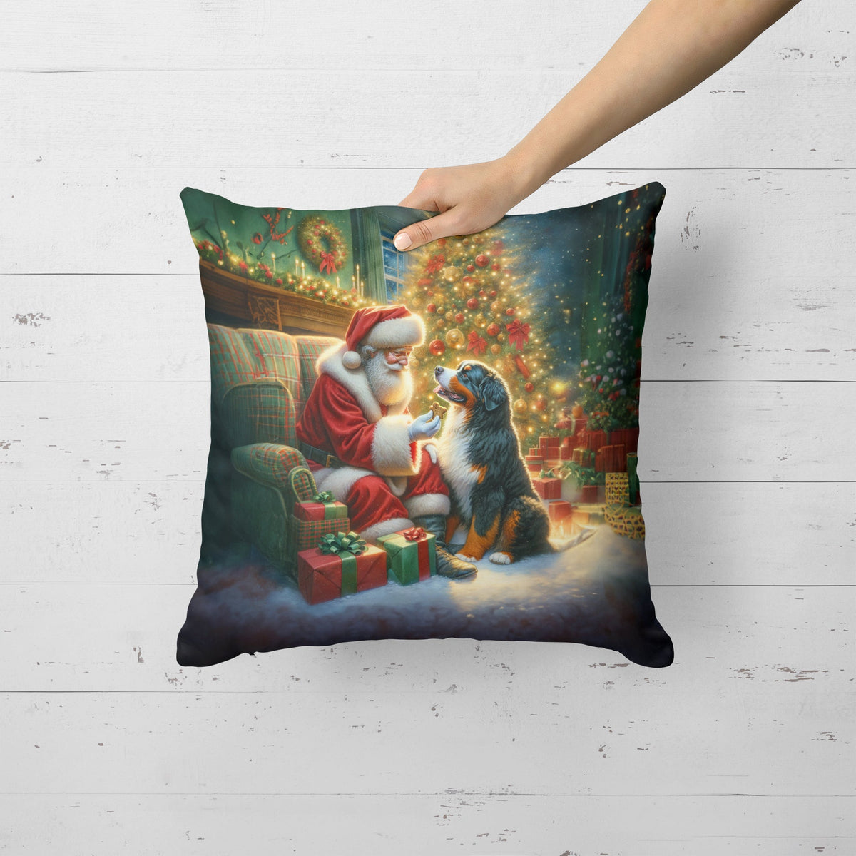 Bernese Mountain Dog and Santa Claus Throw Pillow-1