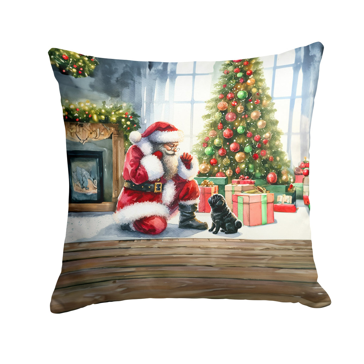 Black Pug and Santa Claus Throw Pillow-0