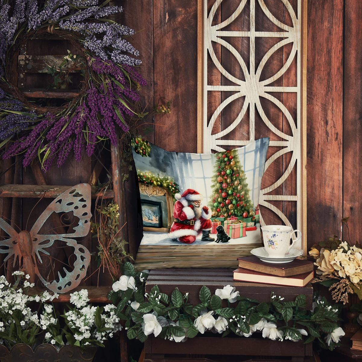 Black Pug and Santa Claus Throw Pillow-4