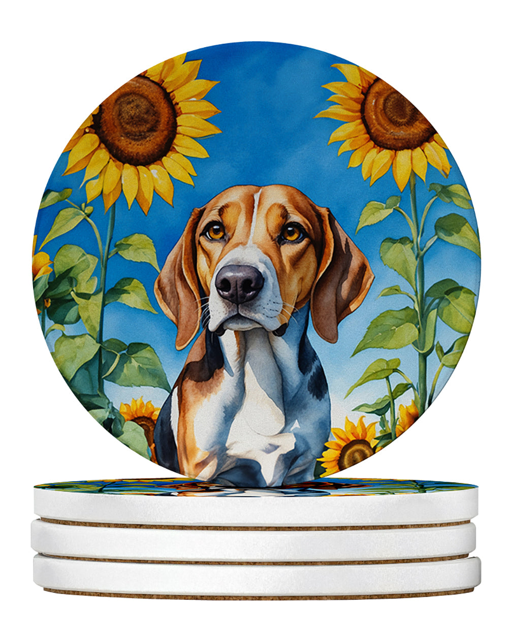 American Foxhound in Sunflowers Large Sandstone Coasters Pack of 4-0