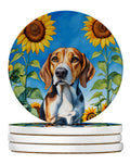 American Foxhound in Sunflowers Large Sandstone Coasters Pack of 4-0