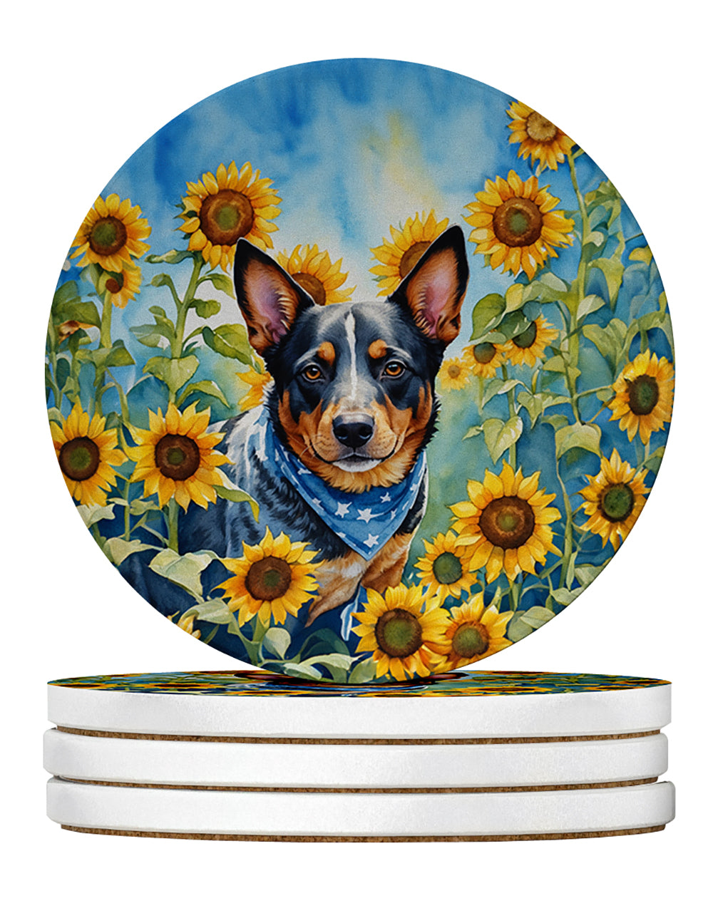 Australian Cattle Dog in Sunflowers Large Sandstone Coasters Pack of 4-0