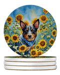Australian Cattle Dog in Sunflowers Large Sandstone Coasters Pack of 4-0