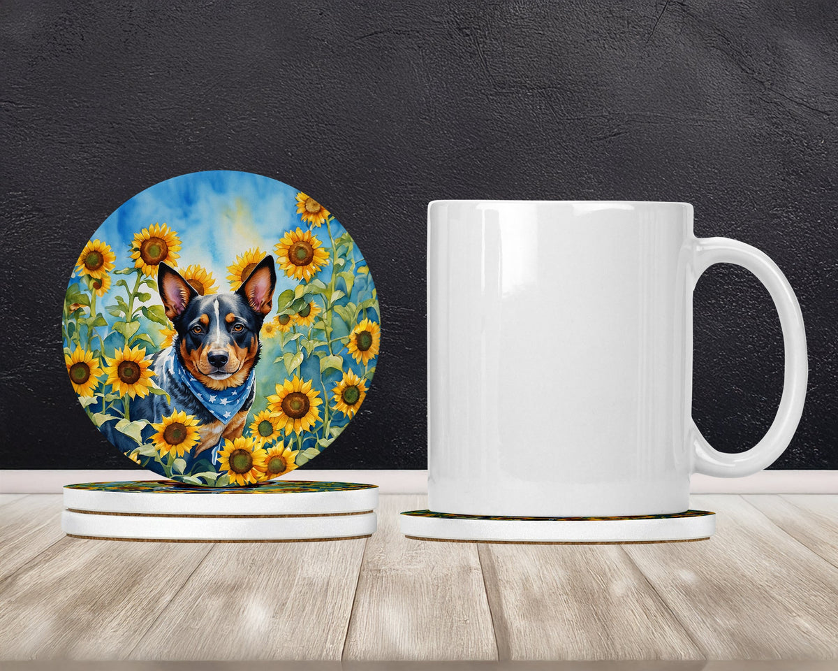 Australian Cattle Dog in Sunflowers Large Sandstone Coasters Pack of 4-1