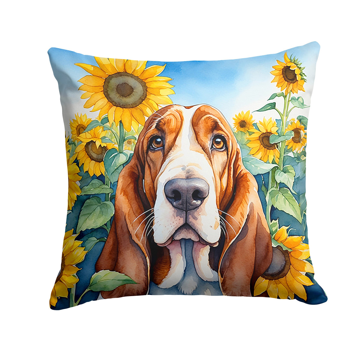Basset Hound in Sunflowers Throw Pillow-0