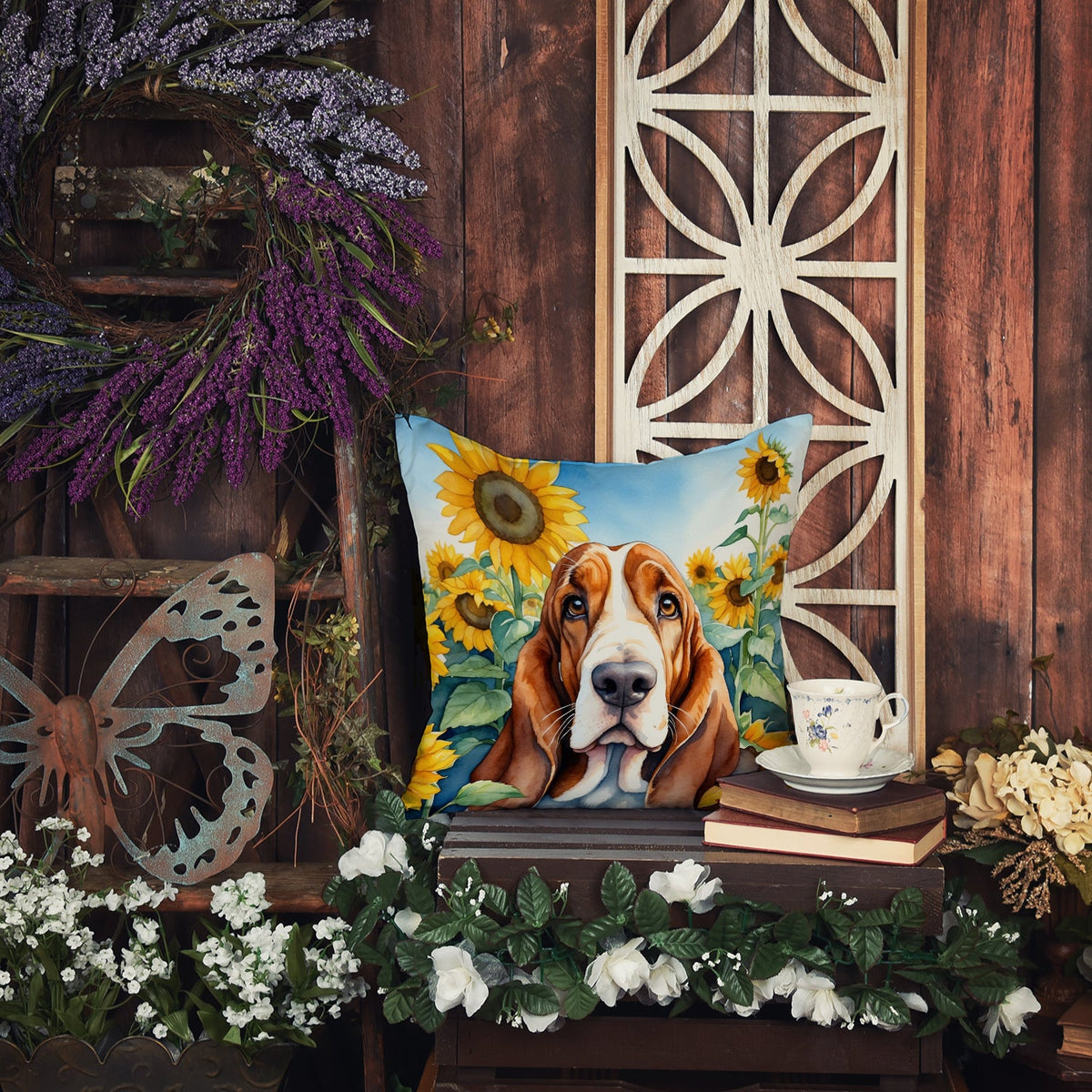 Basset Hound in Sunflowers Throw Pillow-3