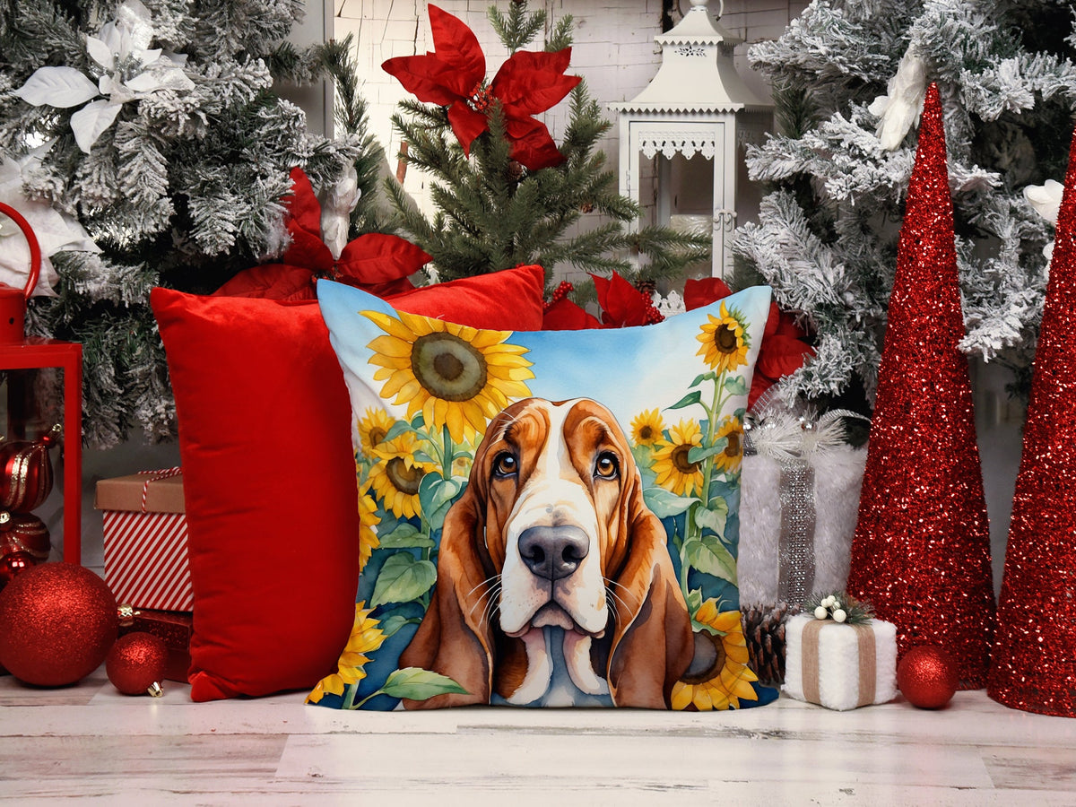 Basset Hound in Sunflowers Throw Pillow-4