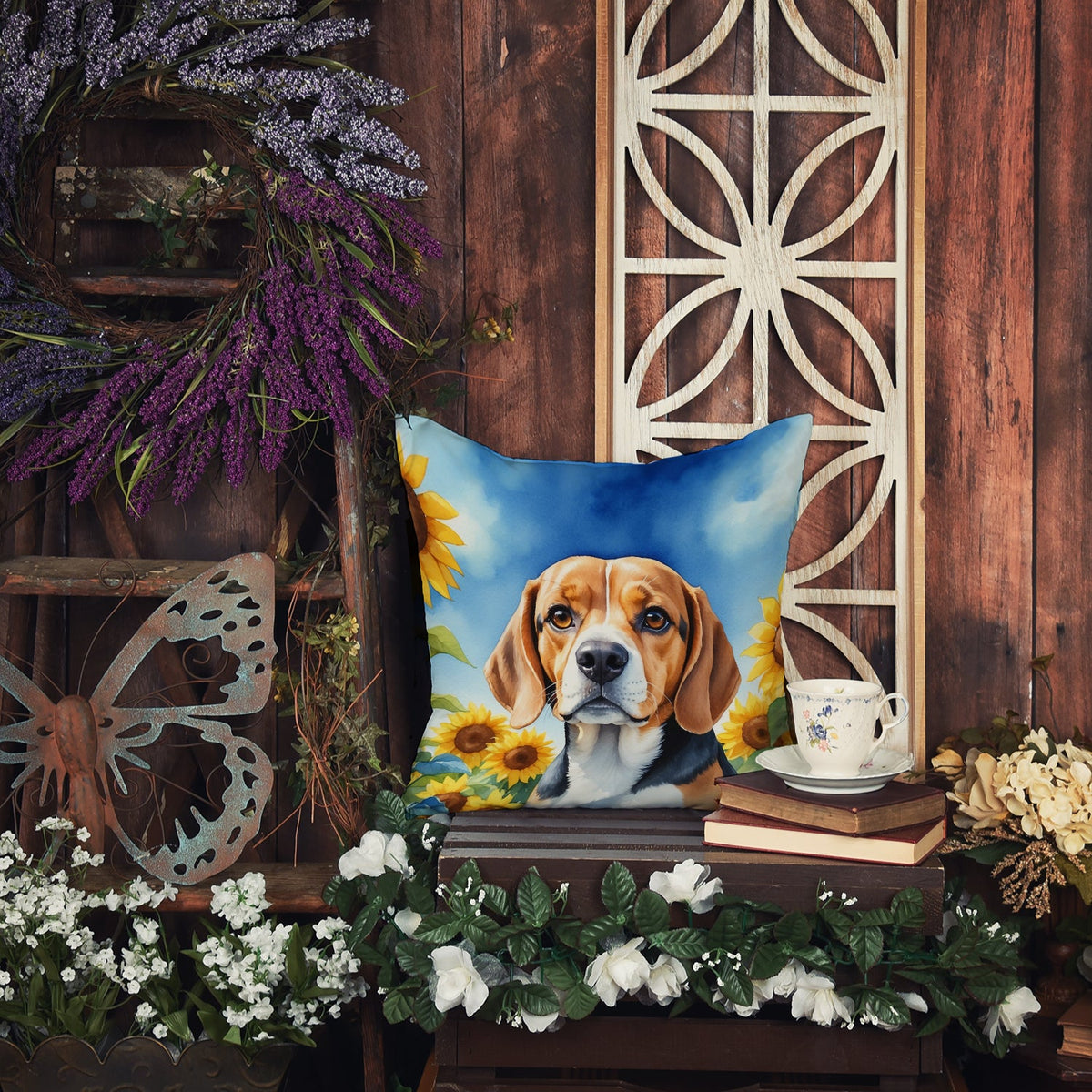 Beagle in Sunflowers Throw Pillow-3