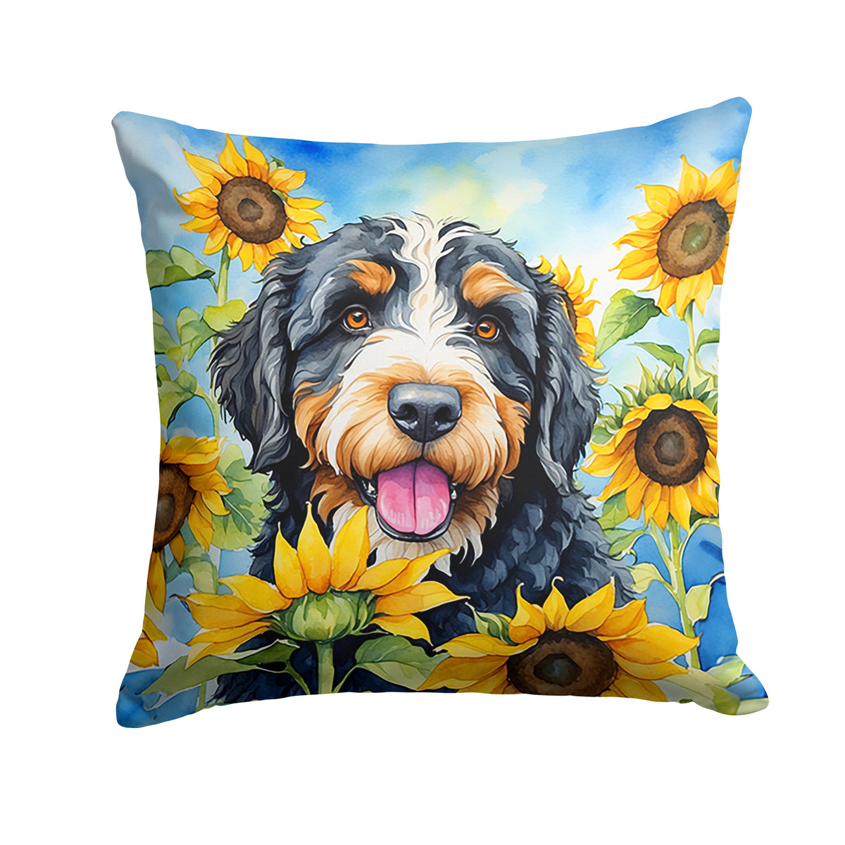 Bernedoodle in Sunflowers Throw Pillow-0