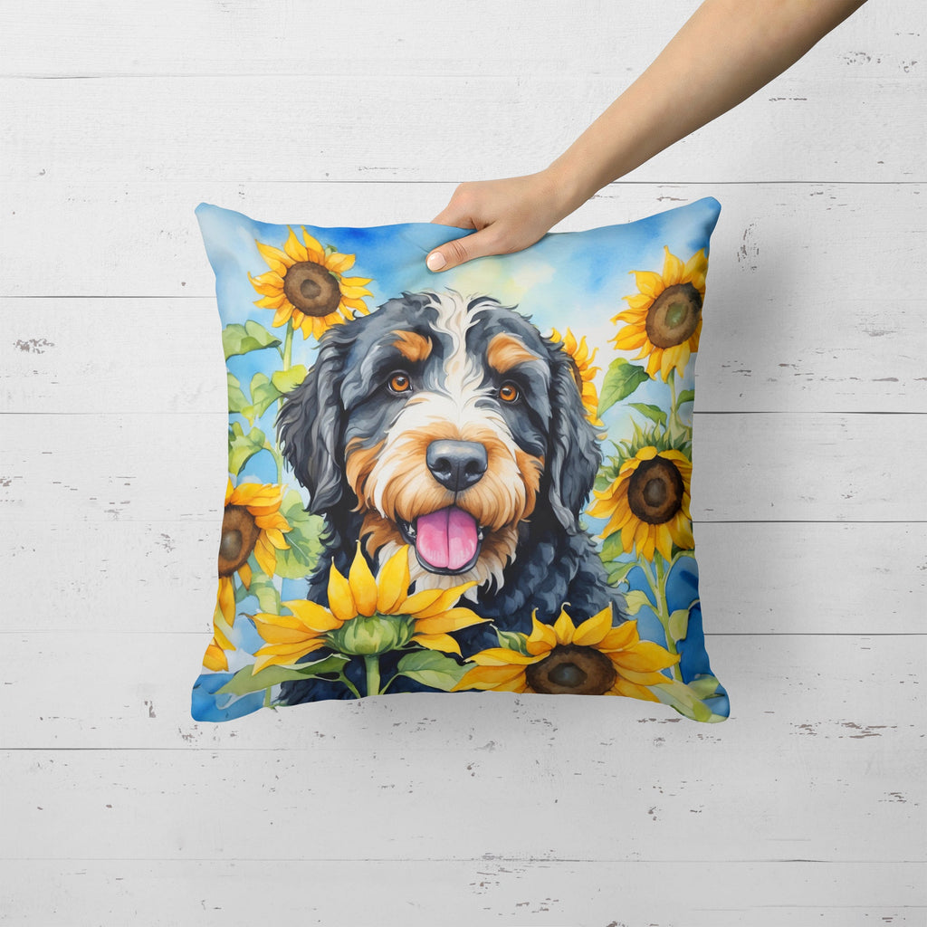 Bernedoodle in Sunflowers Throw Pillow-1