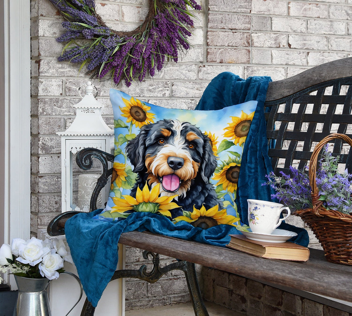 Bernedoodle in Sunflowers Throw Pillow-3