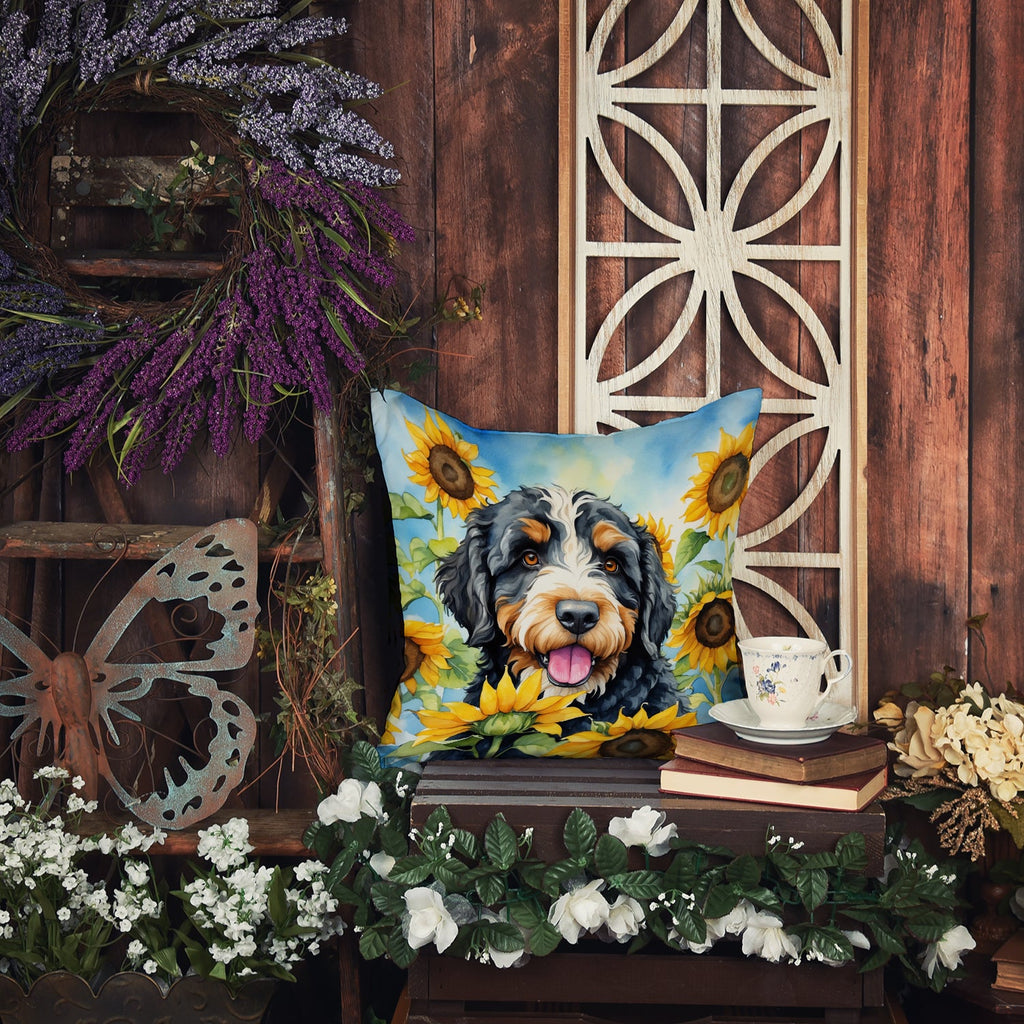 Bernedoodle in Sunflowers Throw Pillow-4
