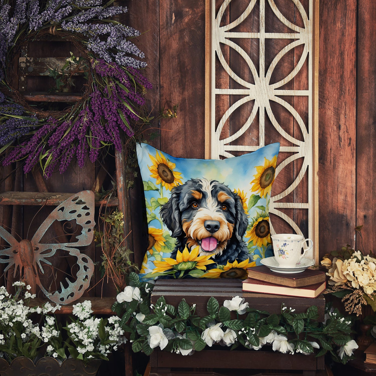 Bernedoodle in Sunflowers Throw Pillow-4