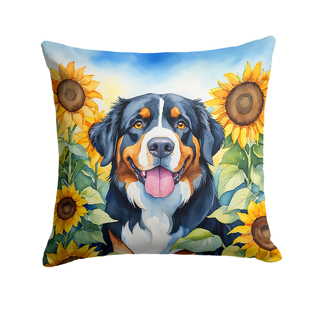 Bernese Mountain Dog in Sunflowers Throw Pillow-0