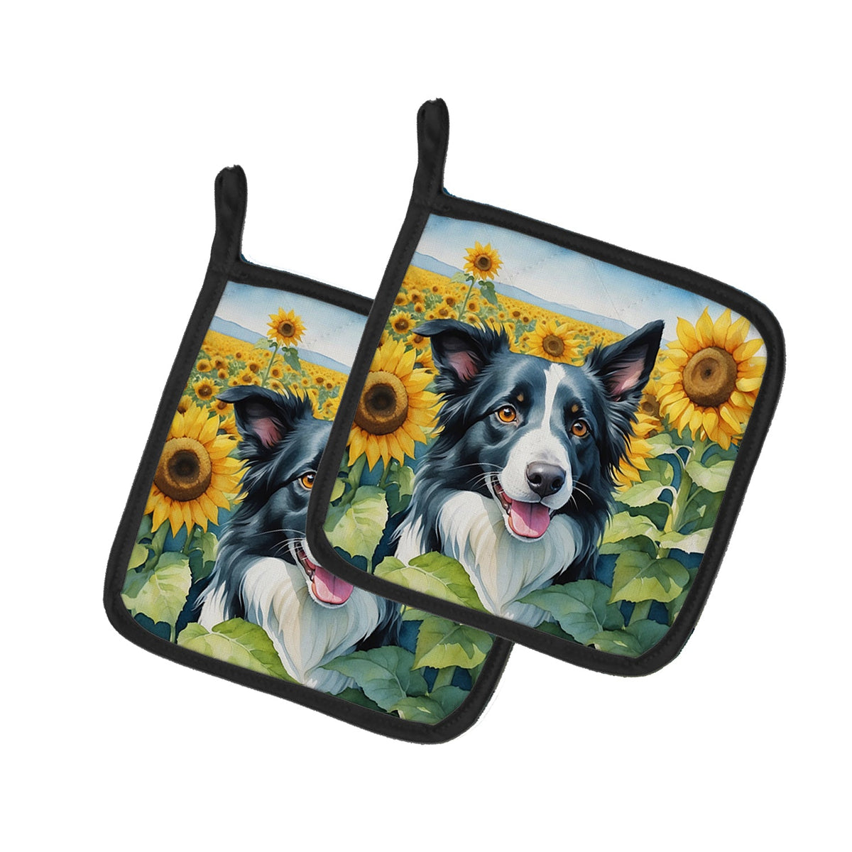 Border Collie in Sunflowers Pair of Pot Holders-0