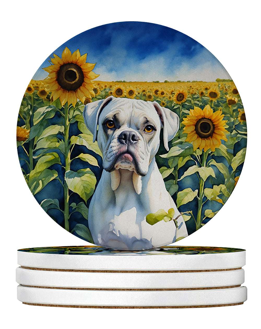 Boxer in Sunflowers Large Sandstone Coasters Pack of 4-0